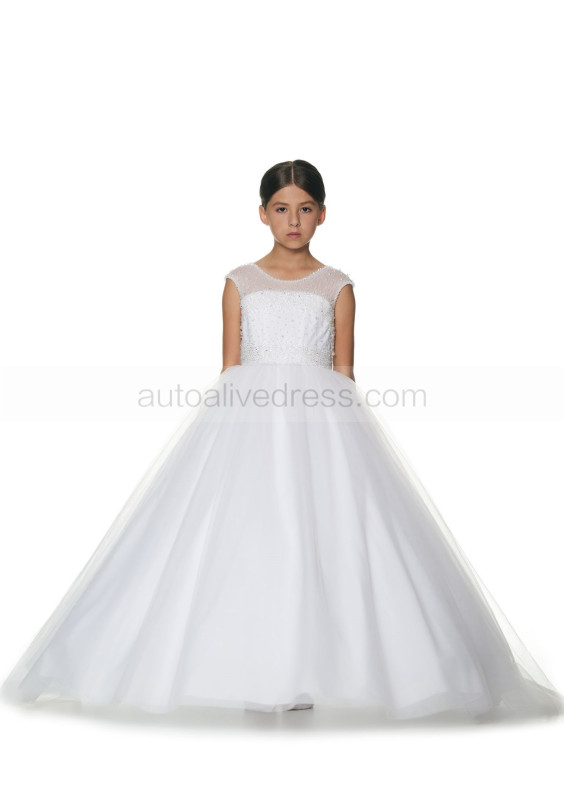 Rhinestone Beaded White Tulle Romantic Flower Girl Dress